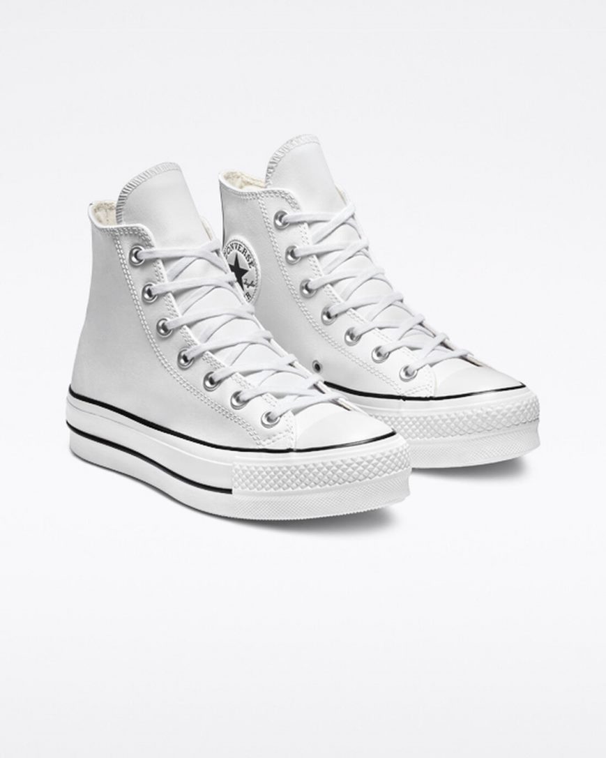 Sapatos Plataforma Converse Chuck Taylor All Star Lift Couro Cano Alto Feminino Branco Pretas Branco | PT X01P735